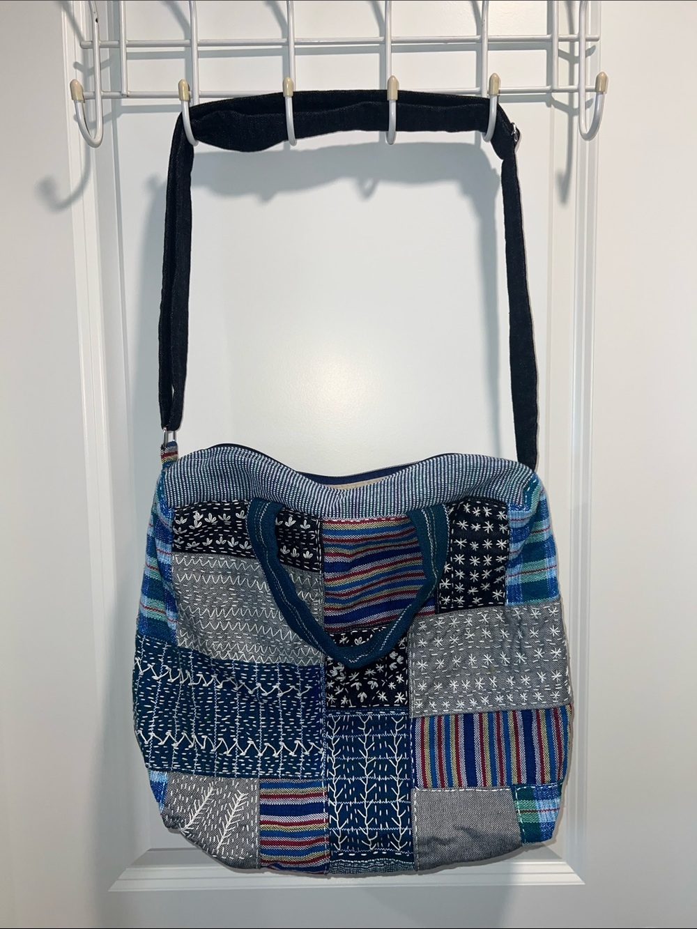 Rafe New York Patchwork Blue Boho Tote Bag with Adjustable Strap